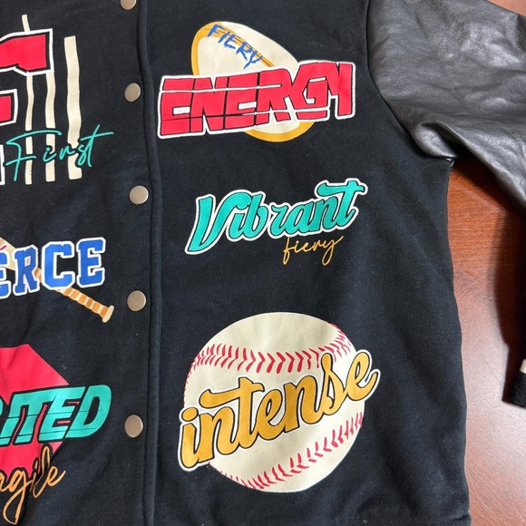 Black Varsity Letterman Jacket Faux Leather Sleeves Graphic Patch Small - Picture 7 of 10